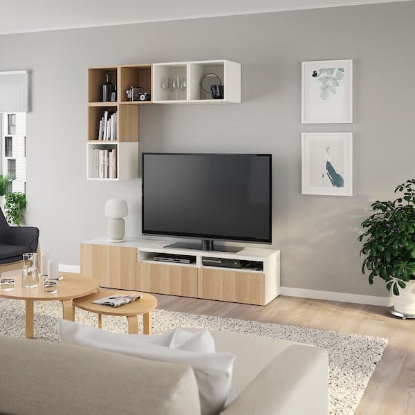 Ikea BESTÅ / EKET - Cabinet combination for TV, white/white stained oak effect, 180x42x170 cm