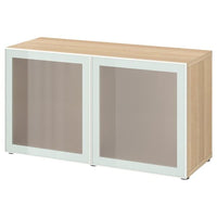 BESTÅ shelf unit with glass doors, white stained oak effect Glassvik/white/light green frosted glass, 120x42x64 cm