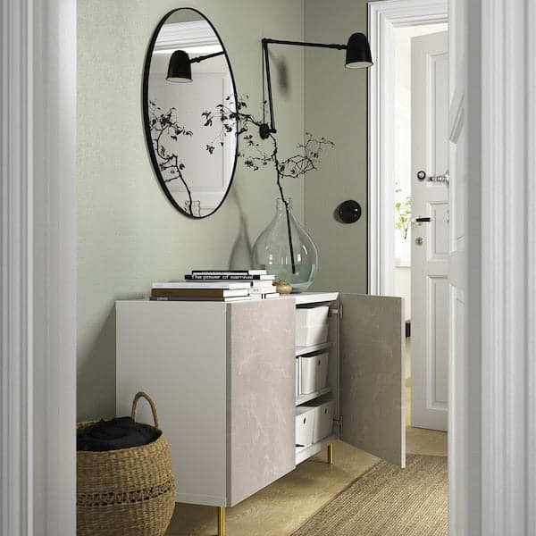 Ikea BESTÅ - Cabinet with doors, white Bergsviken/Ösarp/beige marble effect, , 120x42x74 cm