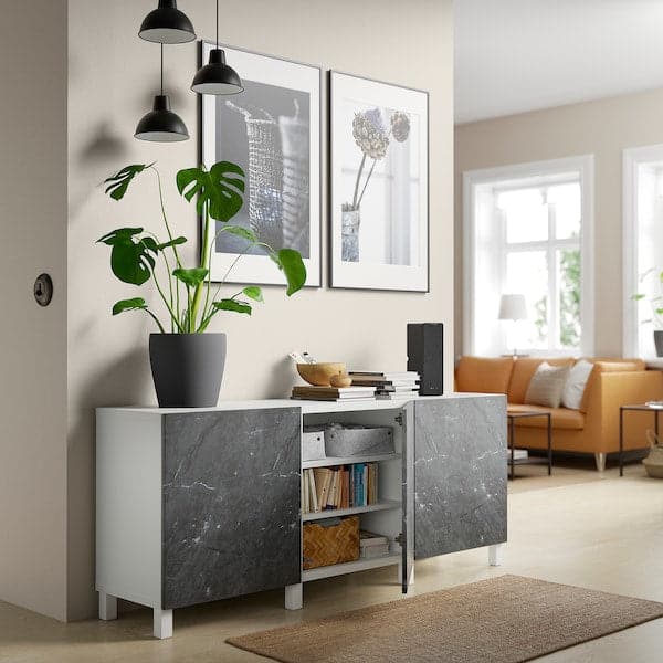 BESTÅ - Storage combination with doors, white Bergsviken/Stubbarp/black marble effect, 180x42x74 cm - best price from Maltashopper.com 29421750