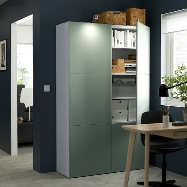 Ikea BESTÅ - Storage combination with doors, white/Hjortviken pale grey-green, 120x42x193 cm