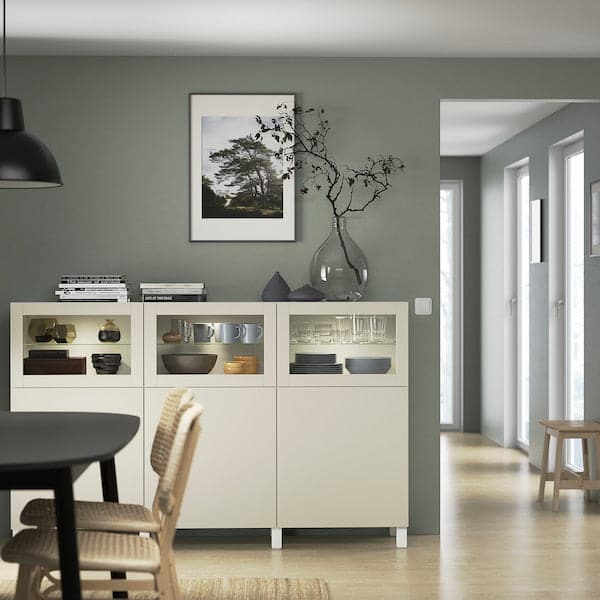 BESTÅ - Storage combination with doors, white Lappviken/light grey-beige clear glass, 180x42x112 cm - best price from Maltashopper.com 99421450