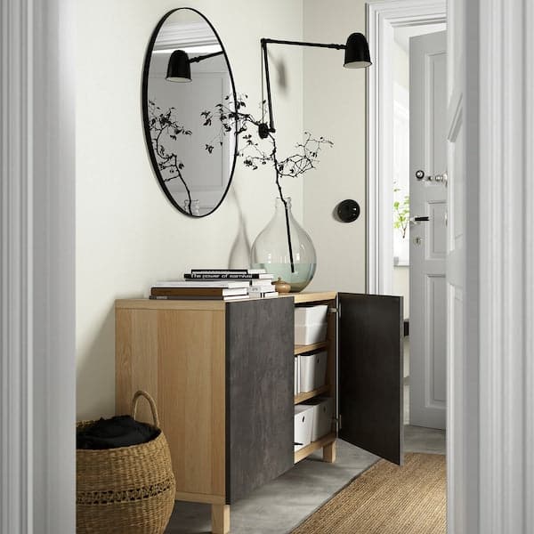 BESTÅ - Storage combination with doors, white stained oak effect Kallviken/Stubbarp/dark grey concrete effect, 120x42x74 cm - best price from Maltashopper.com 99207836