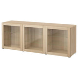 BESTÅ storage combination with doors, white stained oak effect/Sindvik white stained oak eff clear glass, 180x42x65 cm