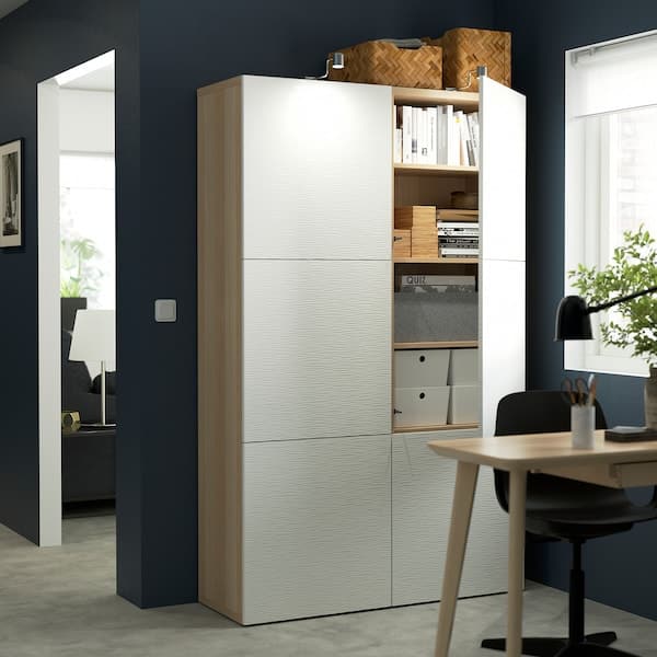 Ikea BESTÅ - Storage combination with doors, white stained oak effect/Laxviken white, 120x42x193 cm
