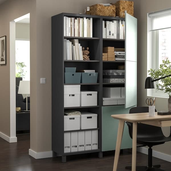 Ikea BESTÅ - Storage combination with doors, dark grey/Hjortviken pale grey-green, 120x42x202 cm