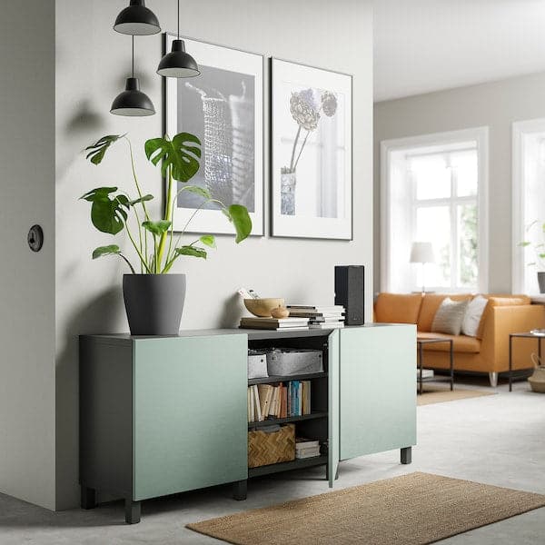 Ikea BESTÅ - Storage combination with doors, dark grey/Hjortviken/Stubbarp pale grey-green, 180x42x74 cm