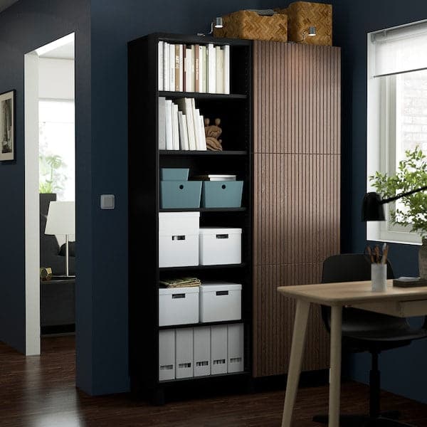 Ikea BESTÅ - Storage combination with doors, black-brown Björköviken/brown stained oak veneer, 120x42x202 cm