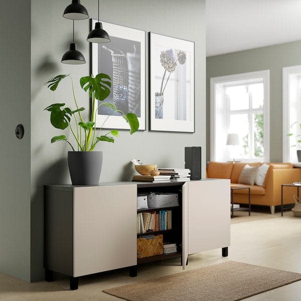 BESTÅ - Storage combination with doors, black-brown/Lappviken/Stubbarp light grey-beige, 180x42x74 cm - best price from Maltashopper.com 39421735