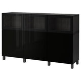 BESTÅ storage combination with doors, black-brown Selsviken/Glassvik high-gloss/black clear glass, 180x42x112 cm