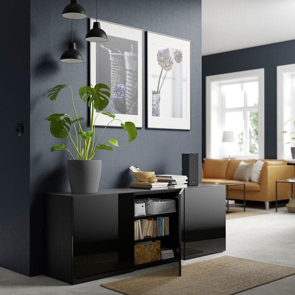BESTÅ - Storage combination with doors, black-brown/Selsviken high-gloss/black, 180x42x65 cm - best price from Maltashopper.com 29324985
