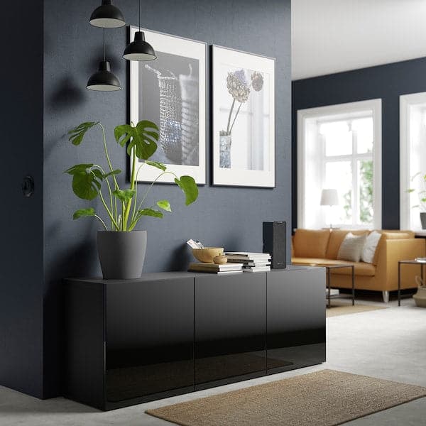 BESTÅ - Storage combination with doors, black-brown/Selsviken high-gloss/black, 180x42x65 cm - best price from Maltashopper.com 29324985