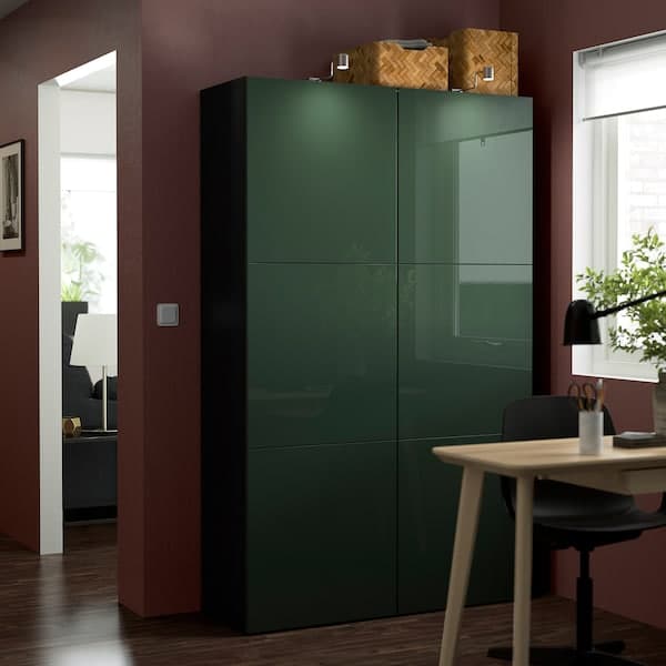Ikea BESTÅ - Storage combination with doors, black-brown Selsviken/high-gloss dark olive-green, 120x42x193 cm
