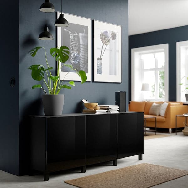 BESTÅ - Storage combination with doors, black-brown/Selsviken/Stubbarp high-gloss/black, 180x42x74 cm - best price from Maltashopper.com 59139806