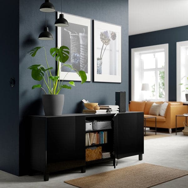 BESTÅ - Storage combination with doors, black-brown/Selsviken/Stubbarp high-gloss/black, 180x42x74 cm - best price from Maltashopper.com 59139806