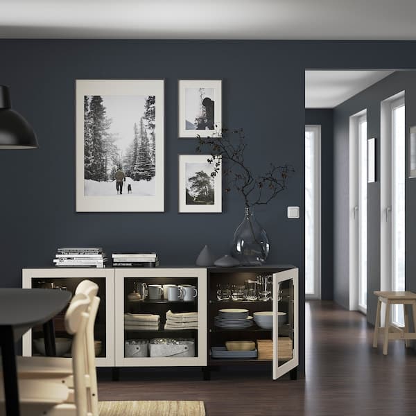 BESTÅ - Storage combination with doors, black-brown Sindvik/Stubbarp/light grey-beige clear glass, 180x42x74 cm - best price from Maltashopper.com 59421763