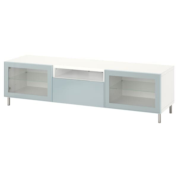 Ikea BESTÅ - TV bench, white Glassvik/Selsviken/Ösarp light grey-blue, 180x42x48 cm