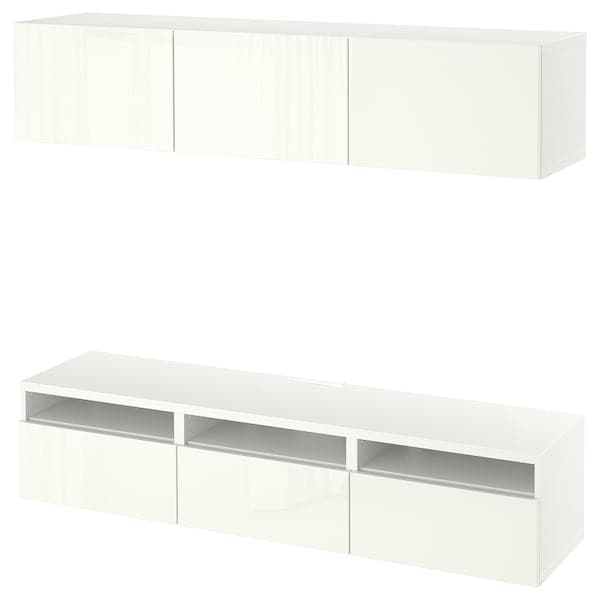 Ikea BESTÅ - TV bench, white/Selsviken high-gloss/white, 180x42x185 cm