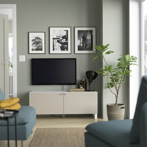 BESTÅ - TV bench with doors, white Lappviken/Stubbarp/light grey/beige, 120x42x48 cm - best price from Maltashopper.com 09419442