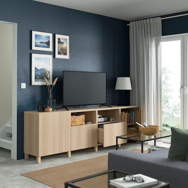 BESTÅ - TV bench with doors and drawers, white stained oak effect/Lappviken/Stubbarp white stained oak effect, 240x42x74 cm - best price from Maltashopper.com 49297995