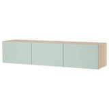 BESTÅ TV bench with doors, white stained oak effect/Hjortviken/Stubbarp pale grey-green, 180x42x38 cm