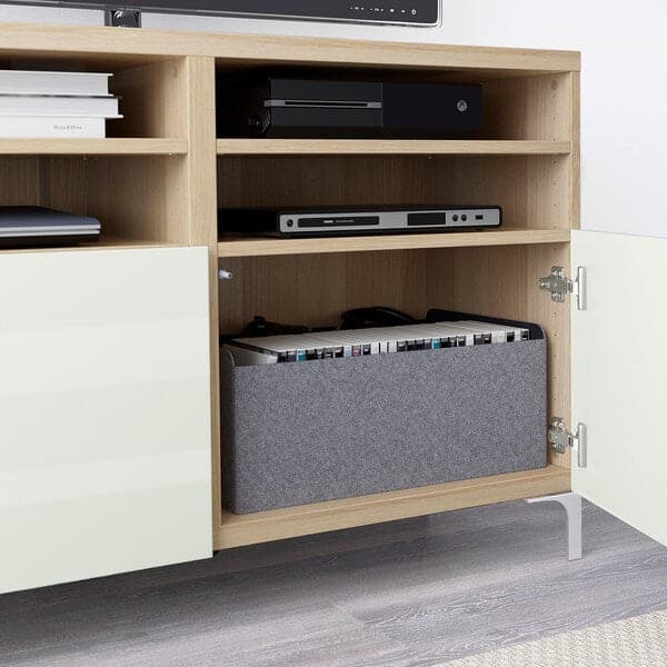 BESTÅ - TV bench with doors, white stained oak effect/Selsviken/Nannarp high-gloss/white, 120x42x74 cm - best price from Maltashopper.com 19067774
