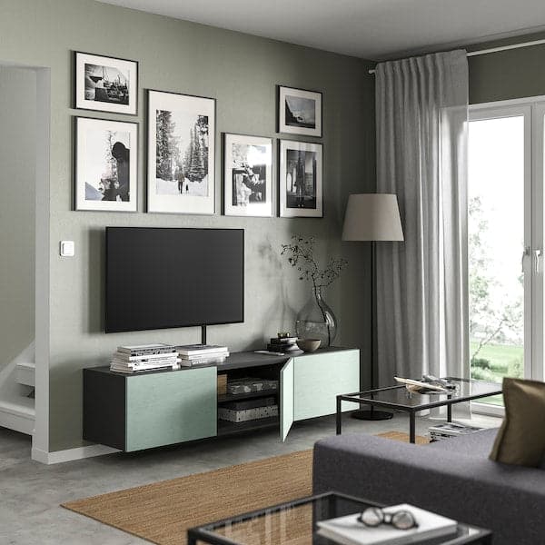 Ikea BESTÅ - TV bench with doors, dark grey/Hjortviken pale grey-green, 180x42x38 cm