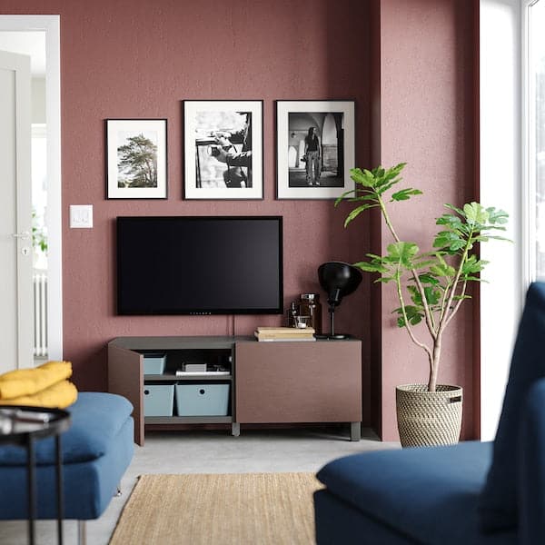 Ikea BESTÅ - TV cabinet with doors, dark grey/Hjortviken/Stubbarp brown, , 120x42x48 cm