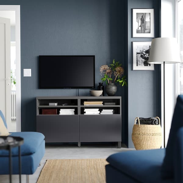BESTÅ - TV bench with doors, dark grey/Riksviken/Stubbarp brushed dark pewter effect, 120x42x74 cm - best price from Maltashopper.com 99506091