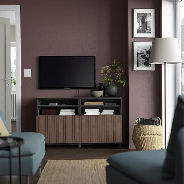 BESTÅ - TV bench with doors, black-brown Björköviken/Stubbarp/brown stained oak veneer, 120x42x74 cm - best price from Maltashopper.com 29420492