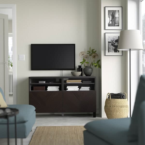 BESTÅ - TV bench with doors, black-brown Hedeviken/Stubbarp/dark brown stained oak veneer, 120x42x74 cm - best price from Maltashopper.com 69420485