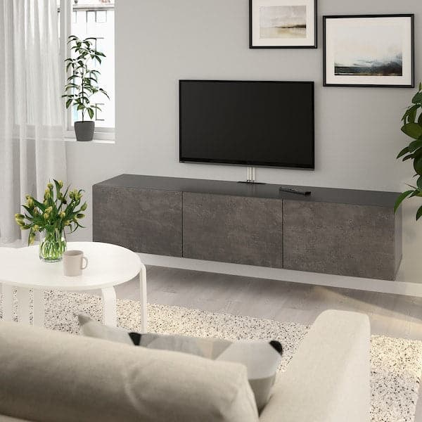 Ikea BESTÅ - TV bench with doors, black-brown/Kallviken concrete effect, 180x42x38 cm