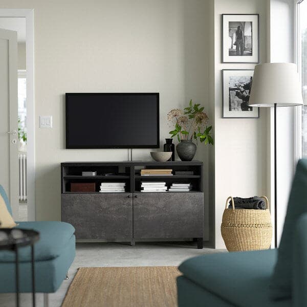 Ikea BESTÅ - TV bench with doors, black-brown Kallviken/Stubbarp/dark grey concrete effect, 120x42x74 cm
