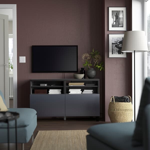 BESTÅ - TV bench with doors, black-brown/Riksviken/Stubbarp brushed dark pewter effect, 120x42x74 cm - best price from Maltashopper.com 39420496