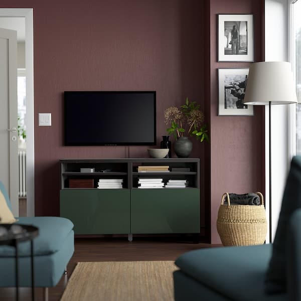 BESTÅ - TV bench with doors, black-brown/Selsviken/Stubbarp dark olive-green, 120x42x74 cm - best price from Maltashopper.com 59420495