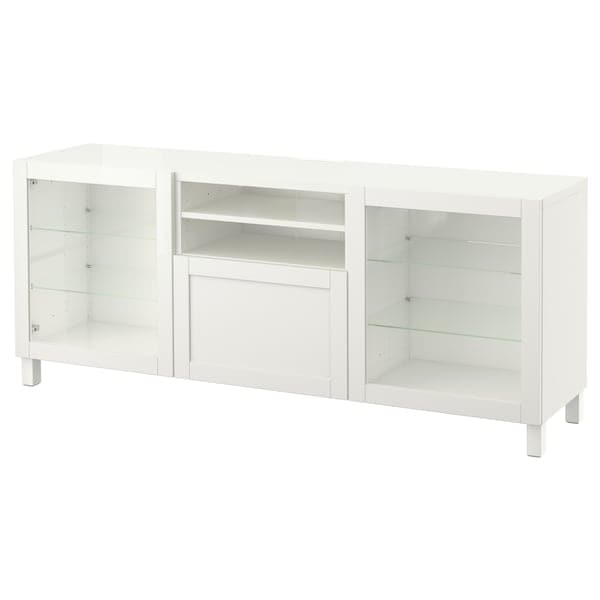 BESTÅ - TV bench with drawers, white/Hanviken/Stubbarp white clear glass, 180x42x74 cm - best price from Maltashopper.com 29400516