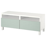 BESTÅ TV bench with drawers, white/Hjortviken/Stubbarp pale grey-green, 120x42x48 cm