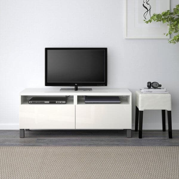 BESTÅ - TV bench with drawers, white/Selsviken/Stubbarp dark grey, 120x42x48 cm - best price from Maltashopper.com 39442219