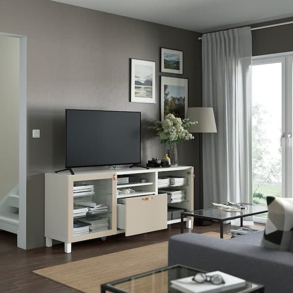 Ikea BESTÅ - TV bench with drawers, white Sindvik/Lappviken/Stubbarp light grey/beige, 180x42x74 cm