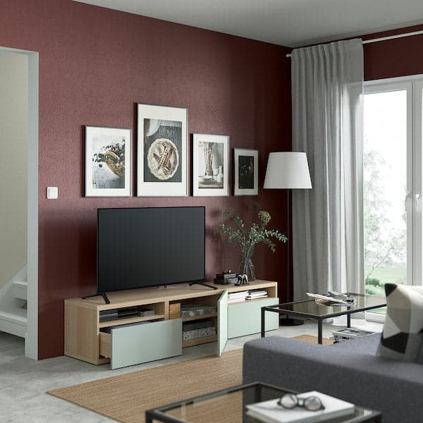 Ikea BESTÅ - TV bench with drawers and door, white stained oak effect/Hjortviken pale grey-green, 180x42x39 cm