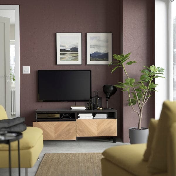 Ikea BESTÅ - TV bench with drawers, black-brown Hedeviken/Stubbarp/oak veneer, 120x42x48 cm