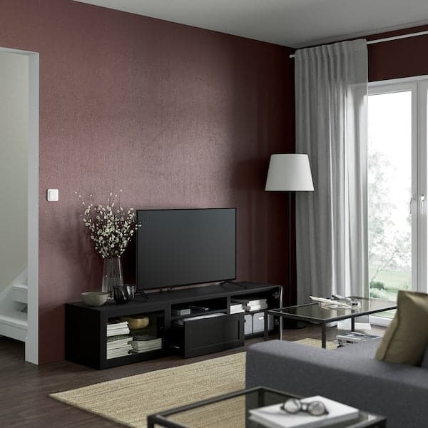 BESTÅ TV cabinet - brown-black/Hanviken transparent brown-black glass 180x42x39 cm - best price from Maltashopper.com 69329330