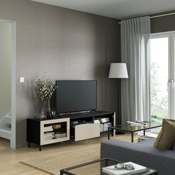 BESTÅ - TV bench, black-brown Sindvik/Lappviken/Mejarp light grey/beige, 180x42x48 cm - best price from Maltashopper.com 09420370