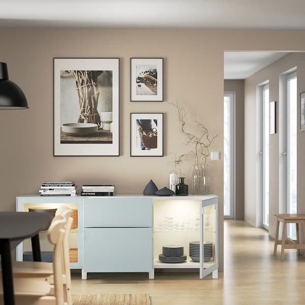 Ikea BESTÅ - Storage combination with drawers, white Selsviken/Stubbarp/light grey-blue clear glass, 180x42x74 cm