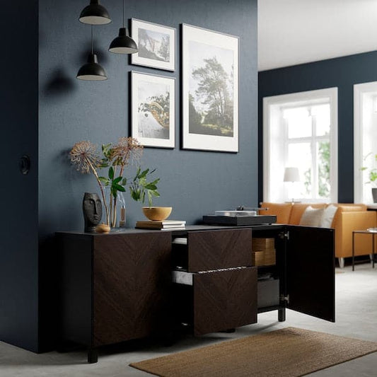 Ikea BESTÅ - Storage combination with drawers, black-brown Hedeviken/Stubbarp/dark brown stained oak veneer, 180x42x74 cm