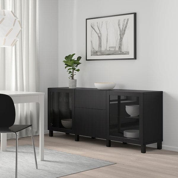 BESTÅ - Storage combination with drawers, black-brown Lappviken/Sindvik/Stubbarp black-brown clear glass, 180x42x74 cm - best price from Maltashopper.com 19412671