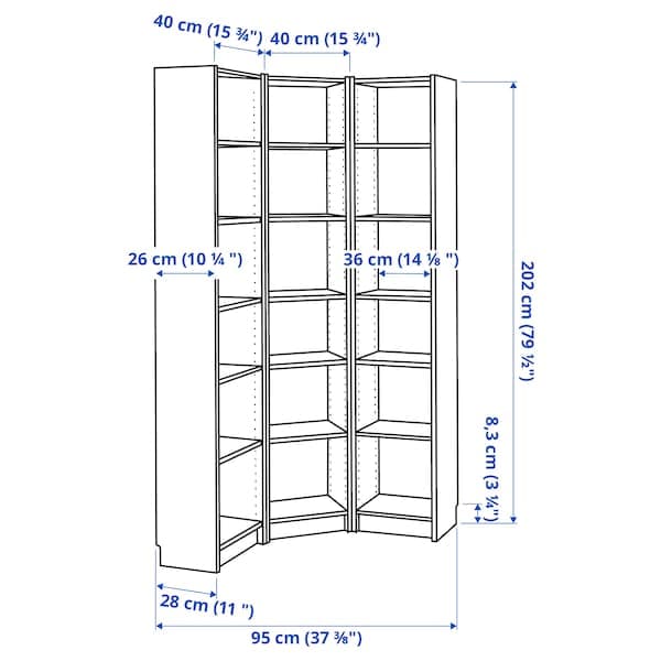 Ikea BILLY - Bookcase combination/crnr solution, white, 95/95x28x202 cm