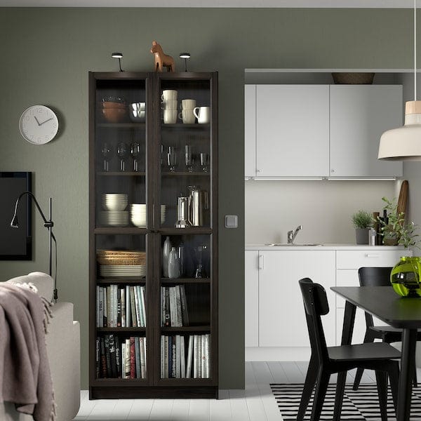 Ikea BILLY / OXBERG - Bookcase with glass doors, dark brown oak effect,80x30x202 cm