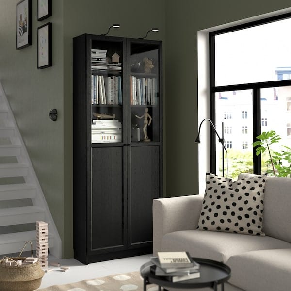 Ikea BILLY / OXBERG - Bookcase with panel/glass doors, black oak effect, 80x30x202 cm