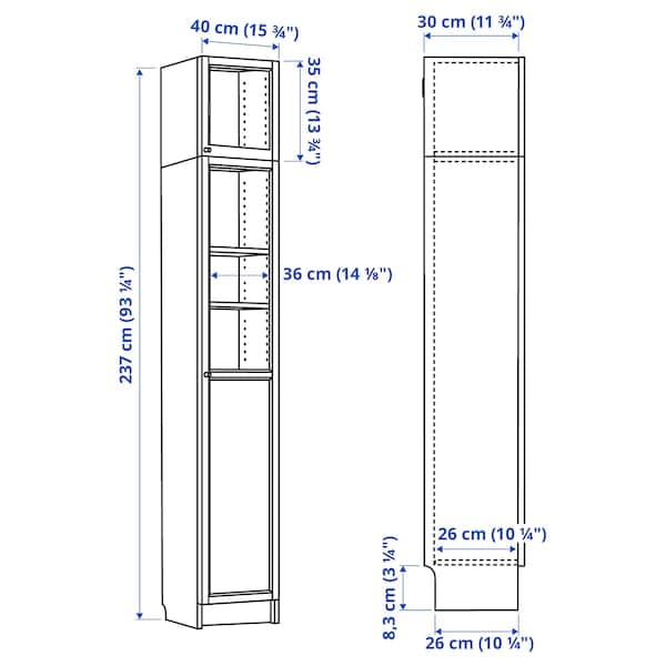 Ikea BILLY / OXBERG - Bookcase w hght ext ut/pnl/glss drs, white/glass, 40x30x237 cm